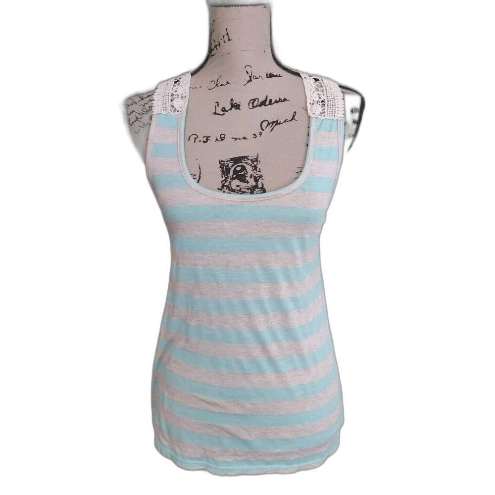 Free Kisses Boho Tank Top Womens Medium Teal ivory striped Crochet back Lovely
